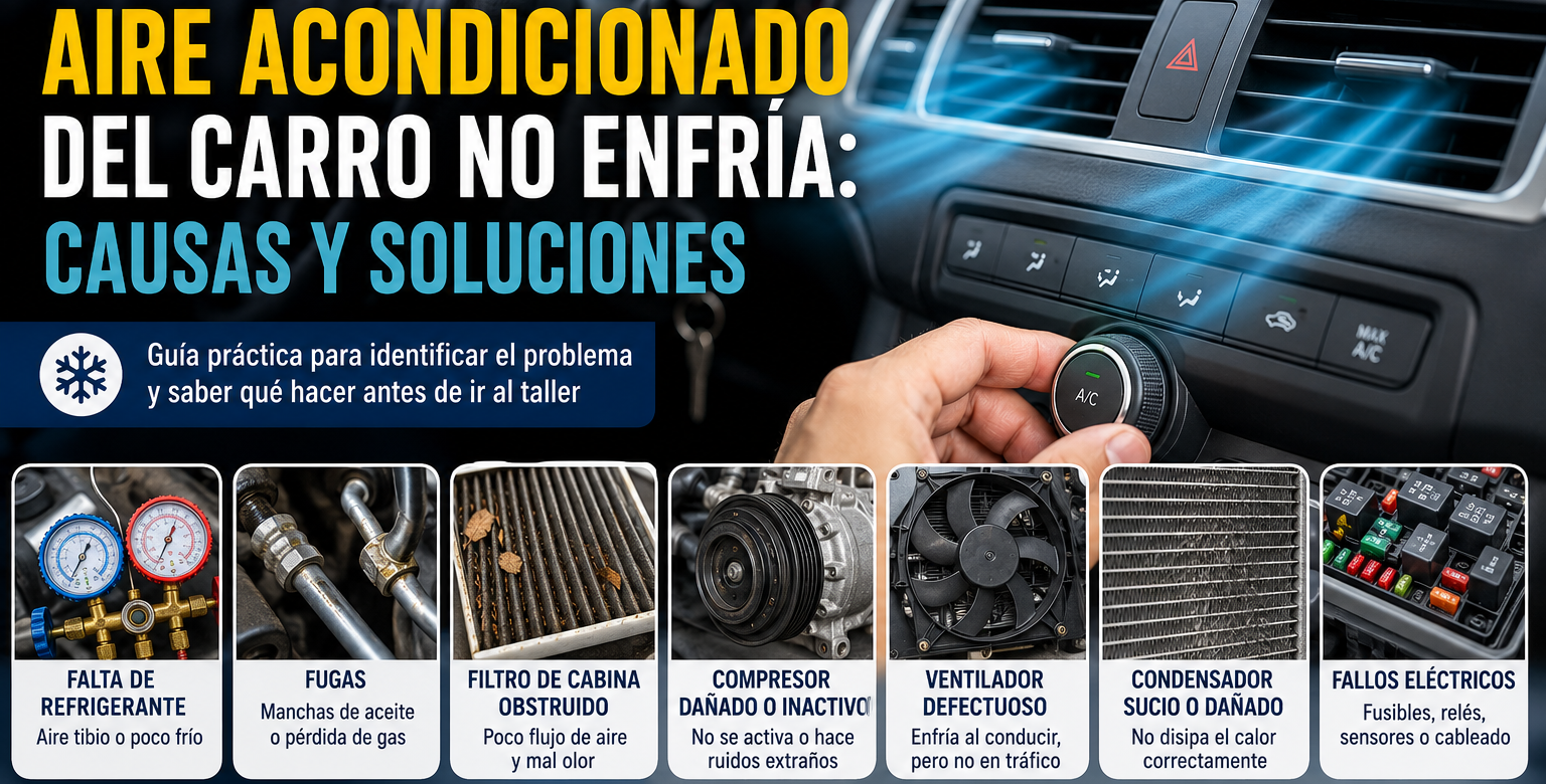 Mecánico revisando el aire acondicionado de un carro que sopla aire caliente, con compresor, condensador y filtro de cabina señalados.