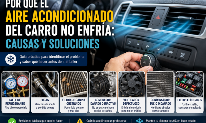 Mecánico revisando el aire acondicionado de un carro que sopla aire caliente, con compresor, condensador y filtro de cabina señalados.