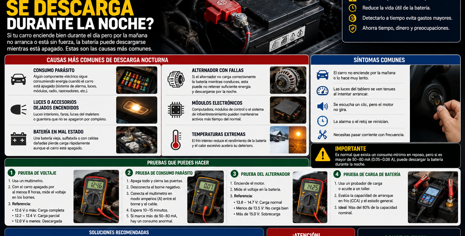 Batería del carro descargada durante la noche por consumo eléctrico parásito, alternador defectuoso o luces encendidas