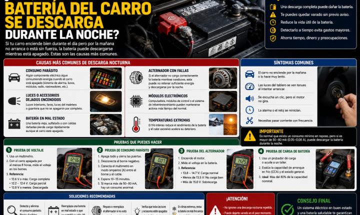 Batería del carro descargada durante la noche por consumo eléctrico parásito, alternador defectuoso o luces encendidas