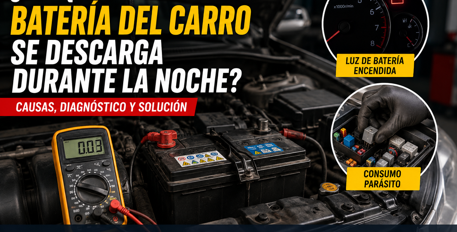 Batería de carro con multímetro, testigo de batería encendido y revisión de consumo parásito, alternador y relé atascado.