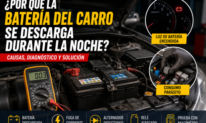 Batería de carro con multímetro, testigo de batería encendido y revisión de consumo parásito, alternador y relé atascado.