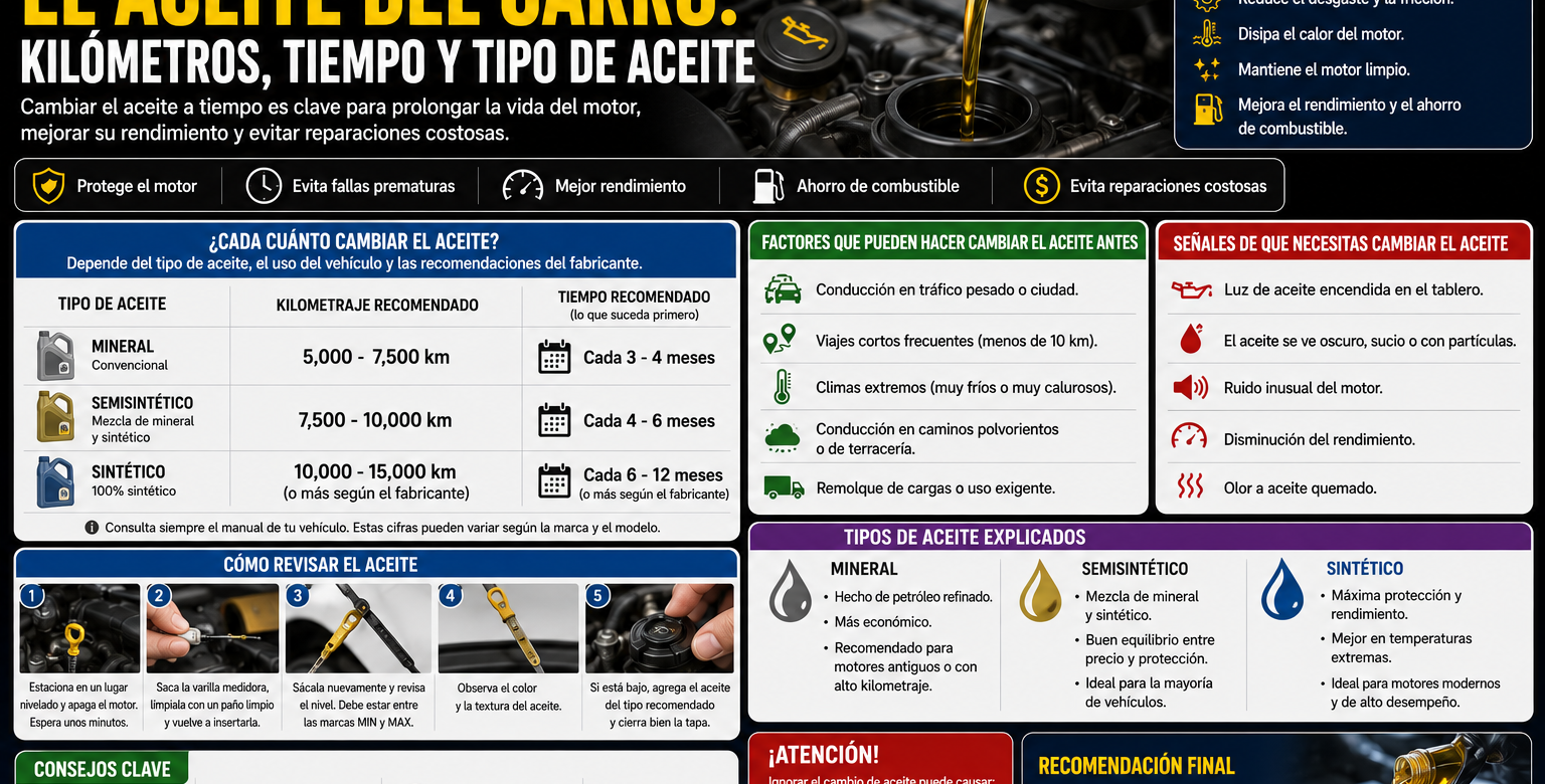 Cambio de aceite del carro según kilometraje, tiempo y tipo de lubricante