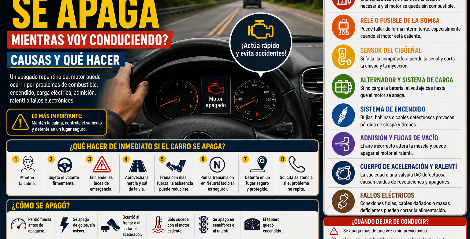 Carro que se apaga mientras va conduciendo y causas comunes como bomba de combustible, alternador y sensor del cigüeñal