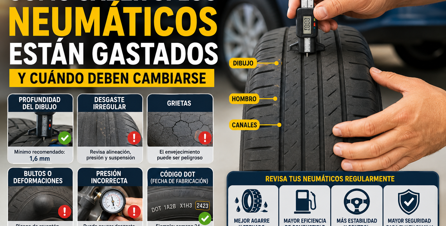 Revisión de un neumático con medidor de profundidad para detectar desgaste, grietas, bultos y presión incorrecta.