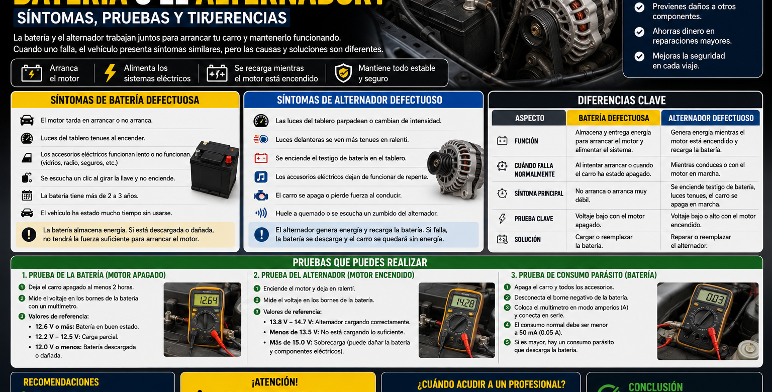 Comparación entre una batería descargada y un alternador defectuoso con pruebas de voltaje y síntomas principales