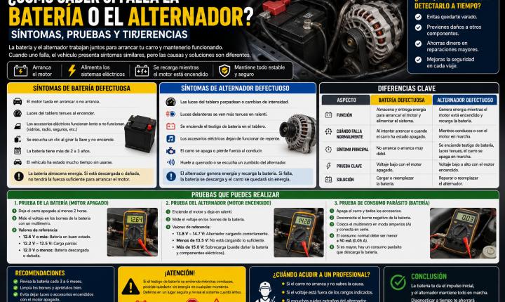 Comparación entre una batería descargada y un alternador defectuoso con pruebas de voltaje y síntomas principales