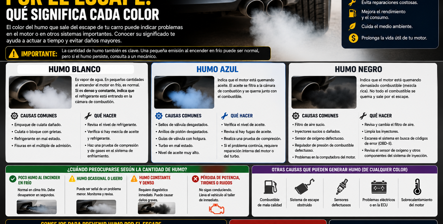 Comparación del humo blanco, azul y negro que sale por el escape de un carro y sus posibles causas