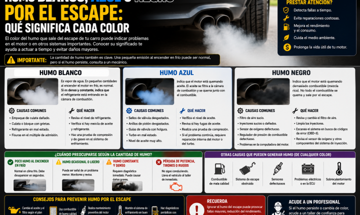 Comparación del humo blanco, azul y negro que sale por el escape de un carro y sus posibles causas