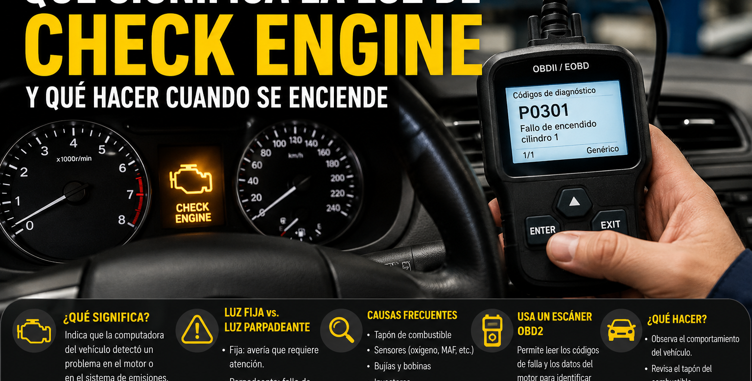 Tablero de un automóvil con la luz de Check Engine encendida mientras un mecánico realiza un diagnóstico con un escáner OBD2.