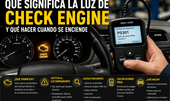 Tablero de un automóvil con la luz de Check Engine encendida mientras un mecánico realiza un diagnóstico con un escáner OBD2.